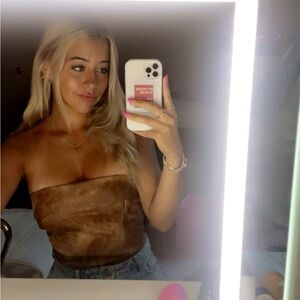 brown leather strapless top!